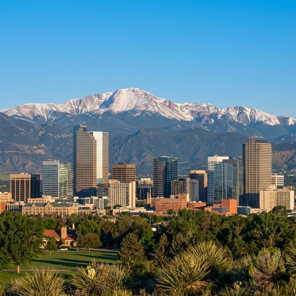 Denver skyline with Rocky Mountains