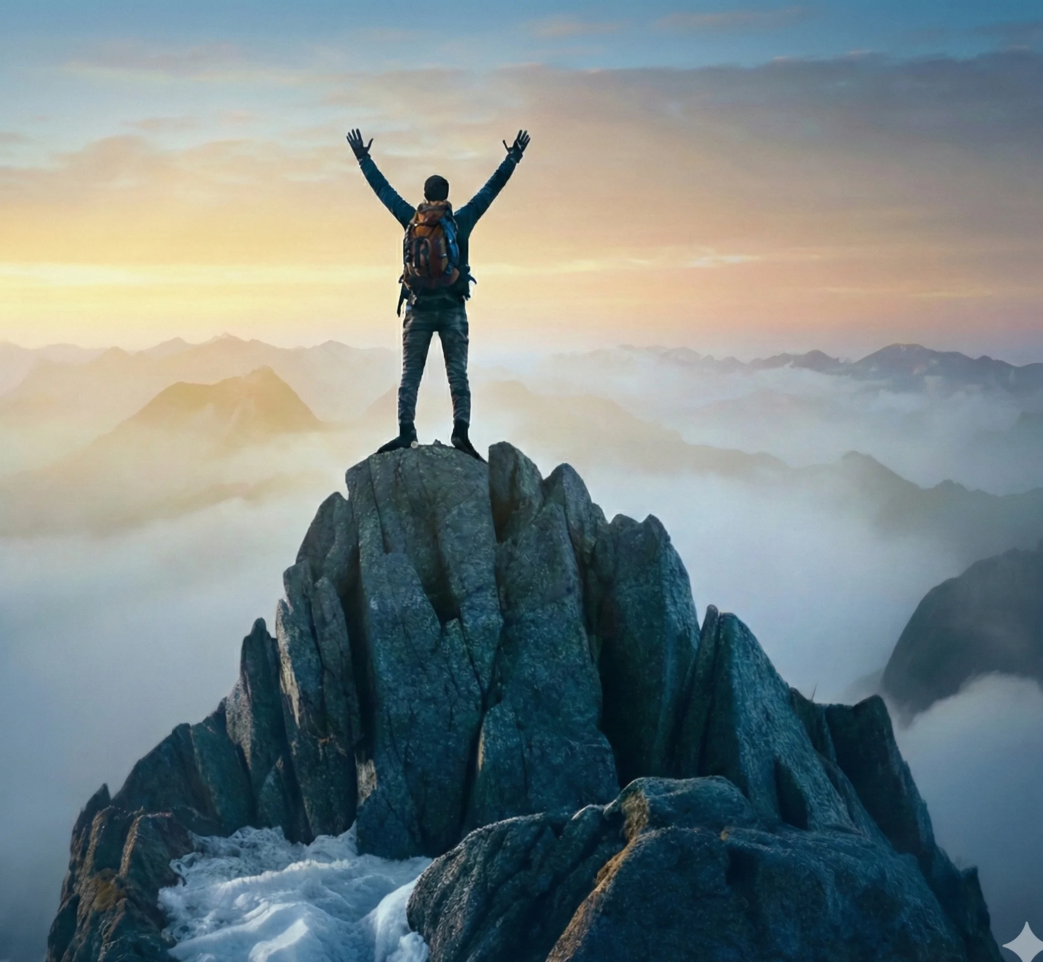 Person standing triumphantly on mountain peak at sunset