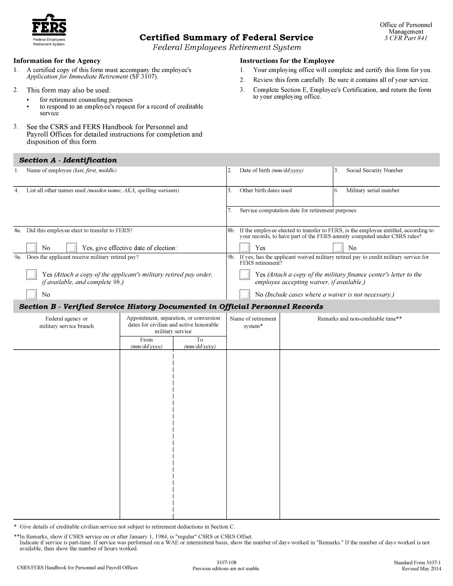 SF-3107 form for verifying federal retirement creditable service